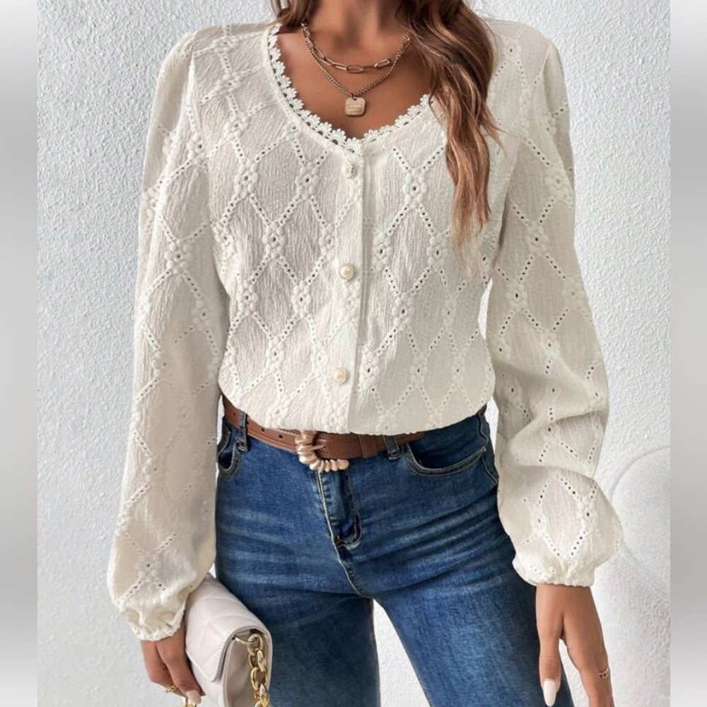 SHEIN Frenchy Solid Guipure Lace Trim Lantern Sleeve Blouse
